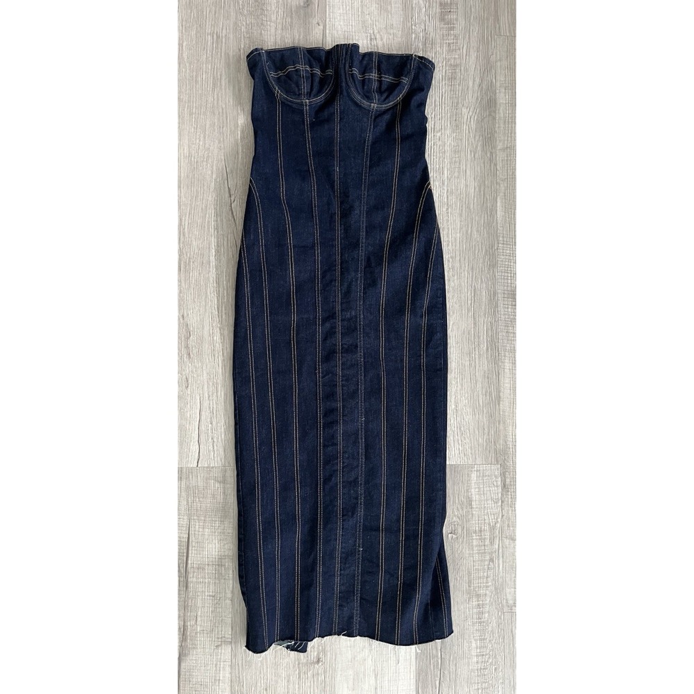 Zara Long Dark Blue Denim Bustier ZW Bodycon Corset Dress Topstitched Size L - Picture 4 of 15